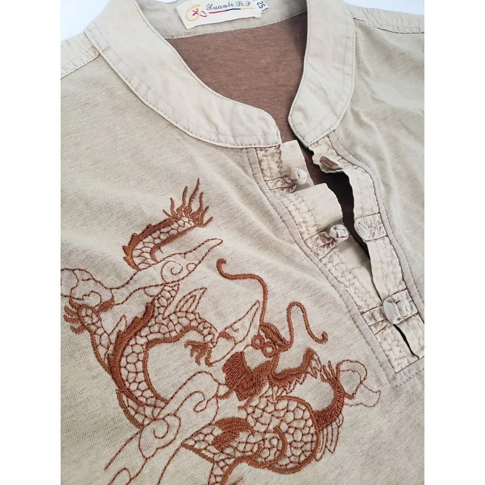 Embroidered Chinese Dragon 100% Cotton Shirt Size 52 Toggle w/ Band‎ Collar